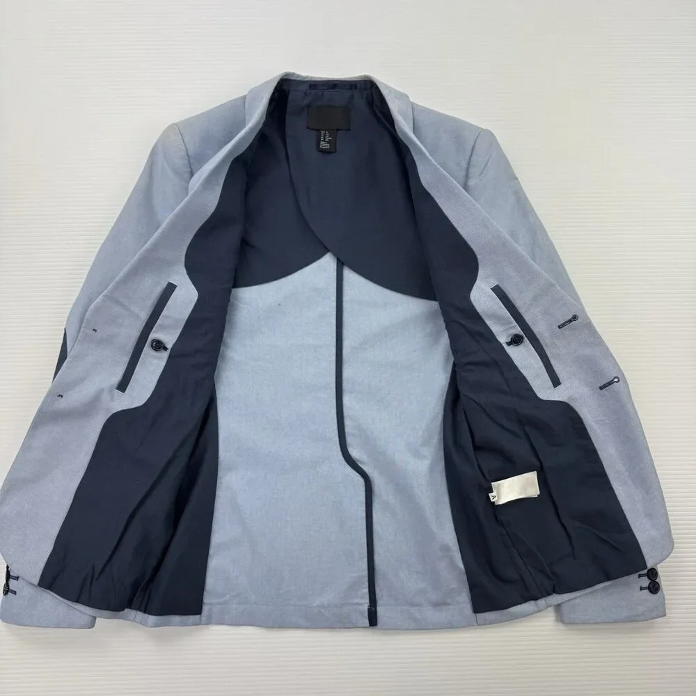 H&M 34R Light Blue Cotton Blazer Sport Coat Elbow Patches Slim Fit Jacket